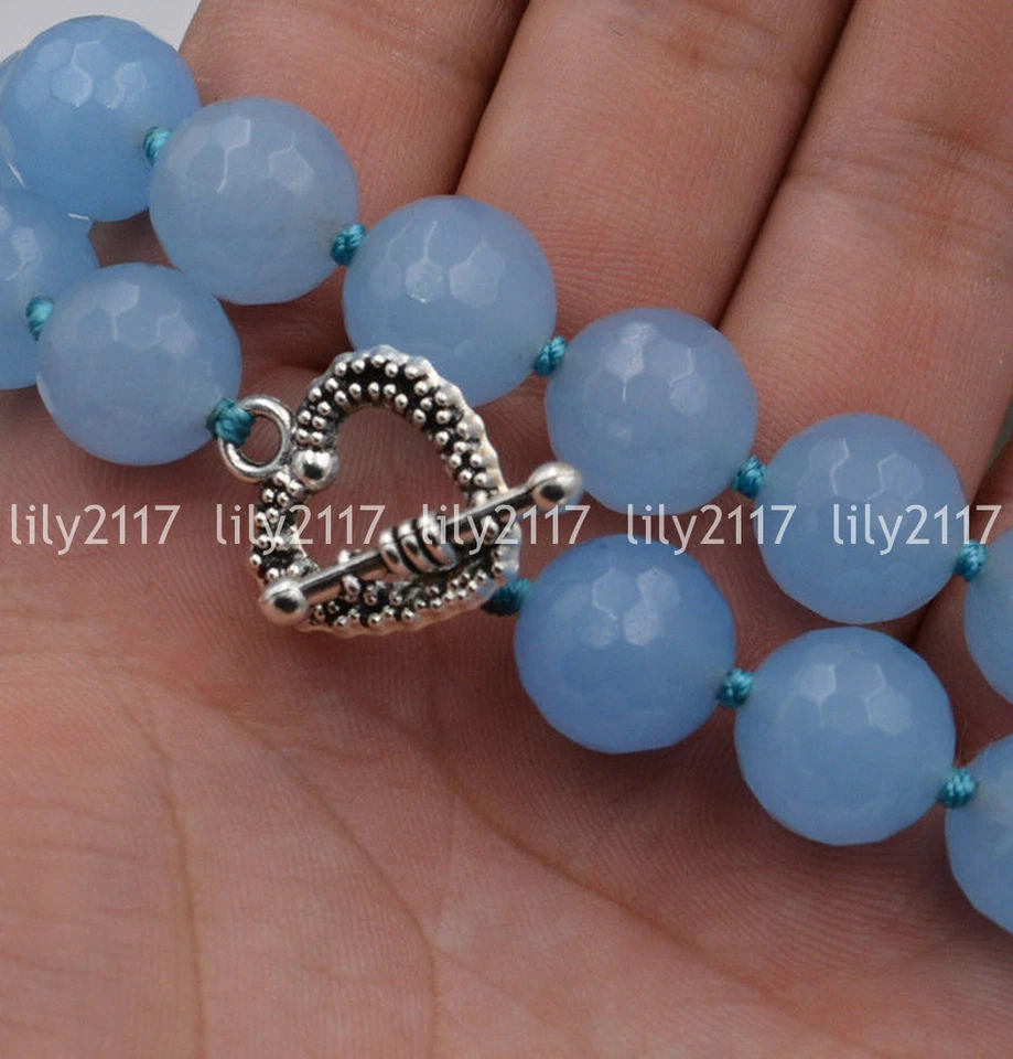 Natural Faceted 10mm Aquamarine Gems beads Necklace Tibetan silver love clasps - Image 4 of 4