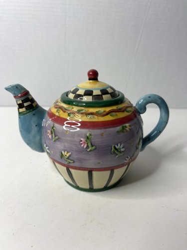 Debbie Mumm Teapot  5” Tall Sakura Kitsch Floral checker Ceramic Kitchen Decor - Picture 12 of 18