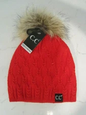 CC Exclusive Red Christmas knit cap, Real Raccoon Fur Pom Pom, Beanie