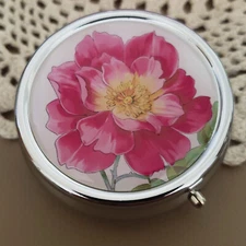 Pill Box For Purse Decorative Pill Case Pink Flower Holder Mint Vitamin Metal