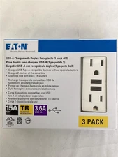 + Eaton USB-A Charger Duplex Receptacle White 125V 1 pack of 3 TR7765W-3-LW NEW