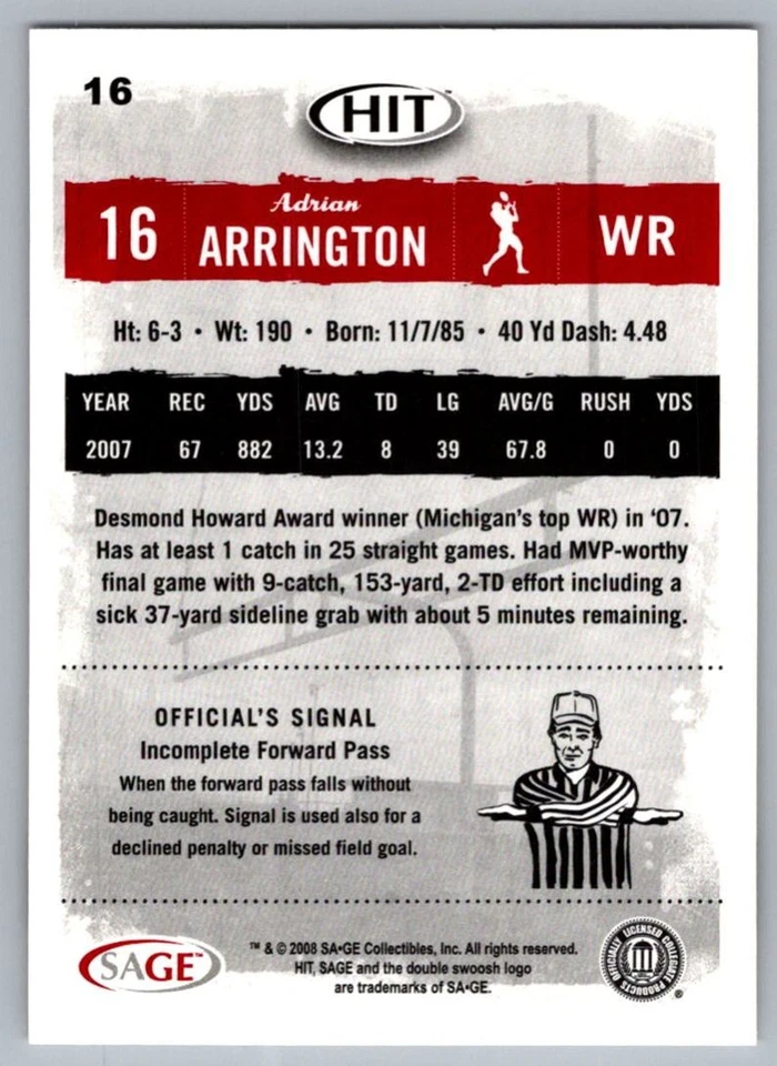 2008 SAGE HIT Adrian Arrington Michigan Wolverines #16 - Image 2 of 2