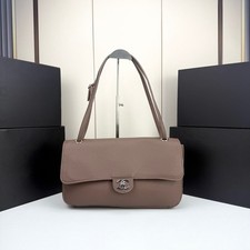 Women's Elegant Dark Taupe Pebbled Leather Large Long Flap Shoulder Handbag