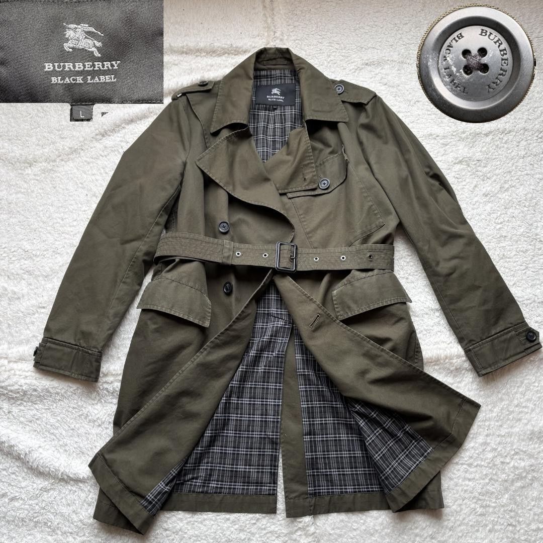 Burberry Black Label Men's Olive Khaki Check Trench Coat with Belt
