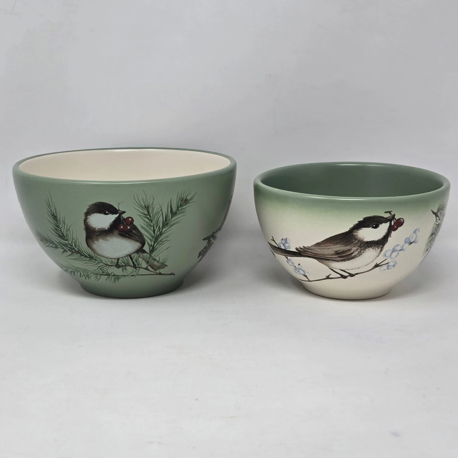 Pfaltzgraff Winterwood Bowls Prep Mixing 6" 5" Set of 2 Green Bird Stoneware