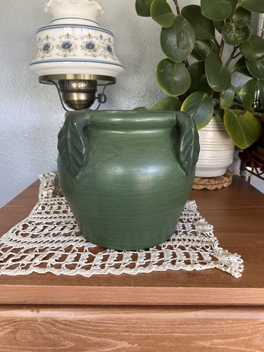 Vintage Green Pottery Planter With Leaf Handles Mid Century Modern 1950s Style