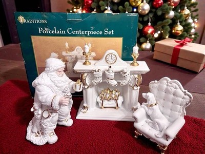 Traditions Porcelain Centerpiece Set Santa Fireplace Dog Chair White Gold Trim