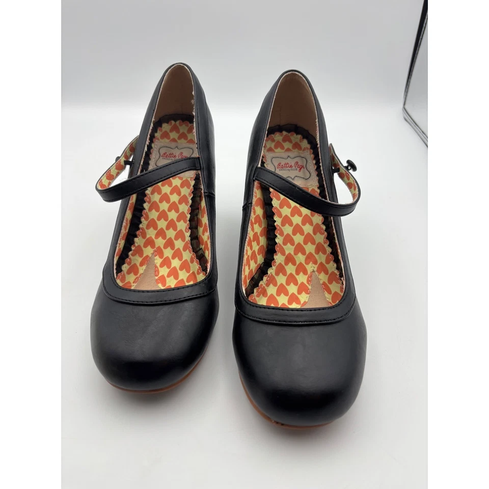 Zapatos Bettie Page de Ellie Mary Jane Tacones Negro Estampado Corazones Talla 9 Foto 4 de 4