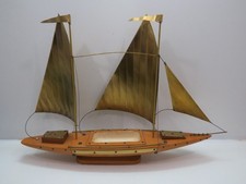 25 INCH WOOD BRASS SAILBOAT MODEL MONTEREY CALIFORNIA FISHERMANS WHARF (J1B216D)