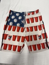 O'Neill Board Shorts Mens 34 Red White Blue USA Flag Beer Pong Swim Trunks Surf
