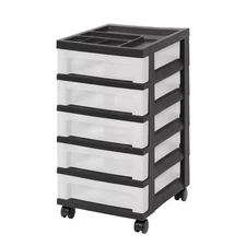 IRIS 5-Drawer Narrow Plastic Storage Drawer Cart with Organizer Top, Black