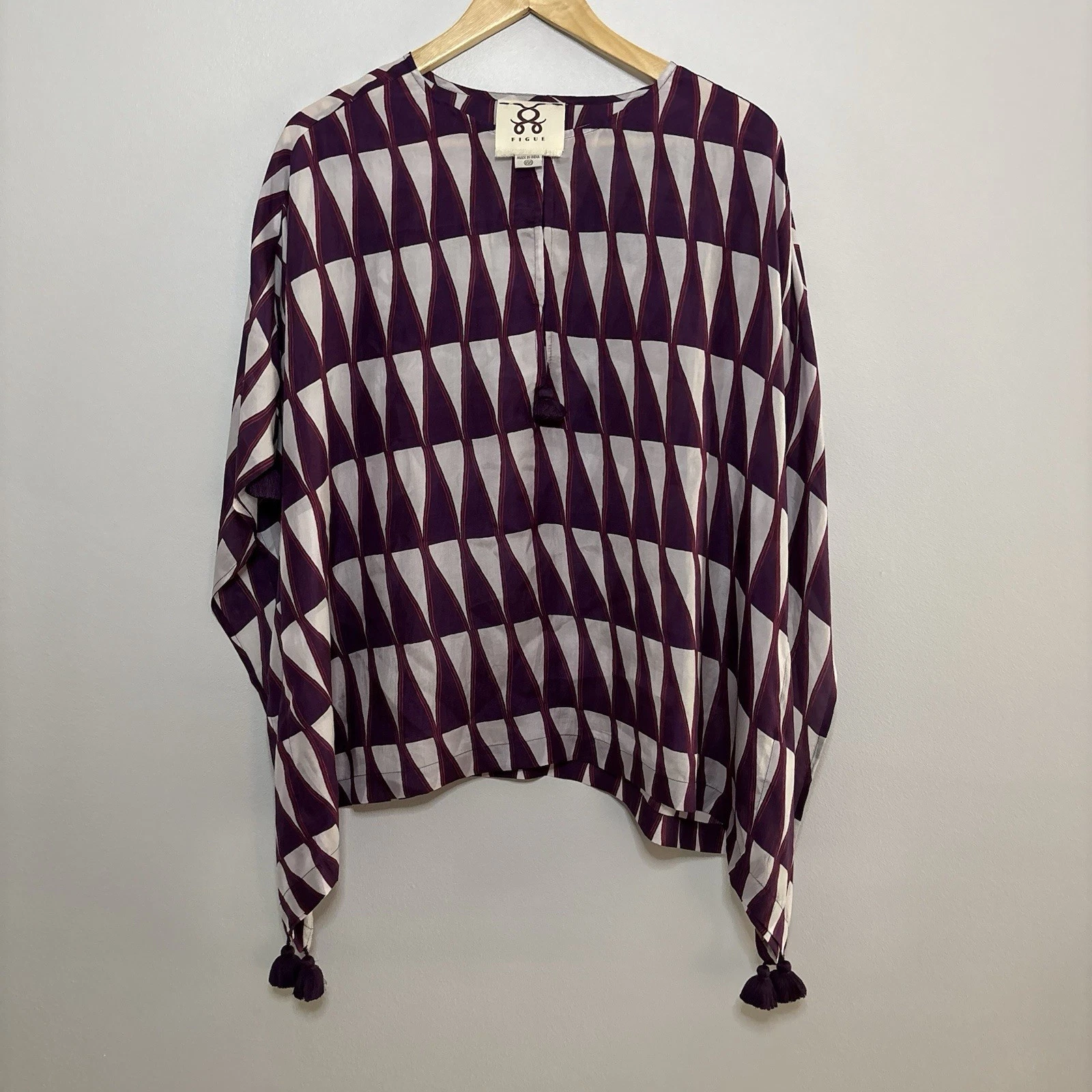 Figue Kaftan 100% Silk Top Purple White XS/S Geometric Tassel Chic Poncho Classy