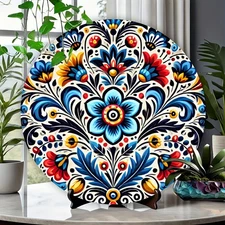 1pc Scandinavian Folk Art Metal Wall Decor - 8-Inch Round Floral Sign with Red,