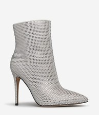 Bosalicia by SHOEDAZZLE, Silver rhinestone bling 4" stiletto ankle boots, SZ 8