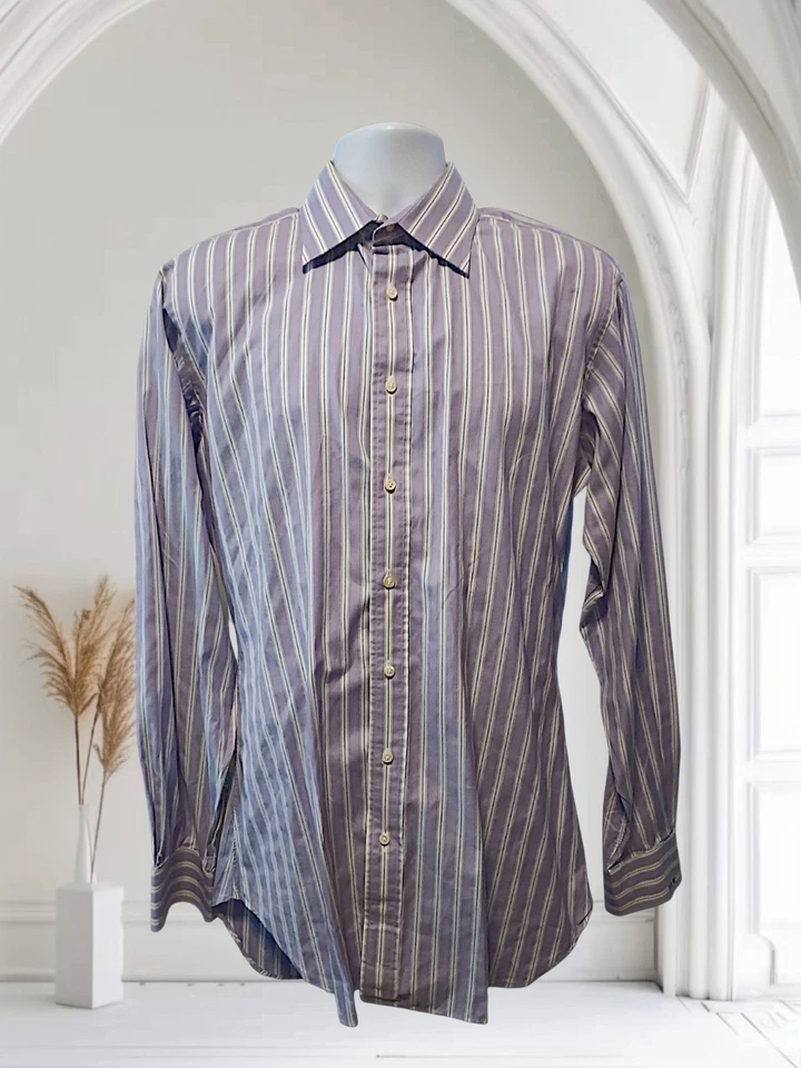 Camisa de Vestir Holland & Sherry Talla L Botón Frontal, Rayas Púrpura/Blanco, Leer. NS-1 Foto 2 de 4
