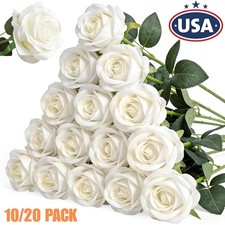 20  Artificial Roses Flower White Silk with Single Stems Real Touch Gifts