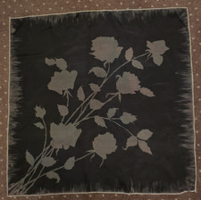 Vintage FLORAL Scarf Olive Green Roses on Black Polyester Handrolled Hem 30"