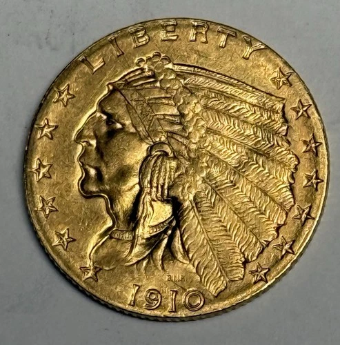 AU+ 1910 Indian Head Gold Quarter Eagle (All Original!), U.S. $2.50 Type Coin