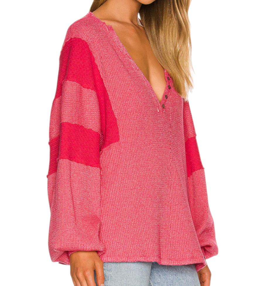 WE THE FREE People CALLISTO HENLEY TOP Oversized Sweater Waffle BERRY PINK sz S