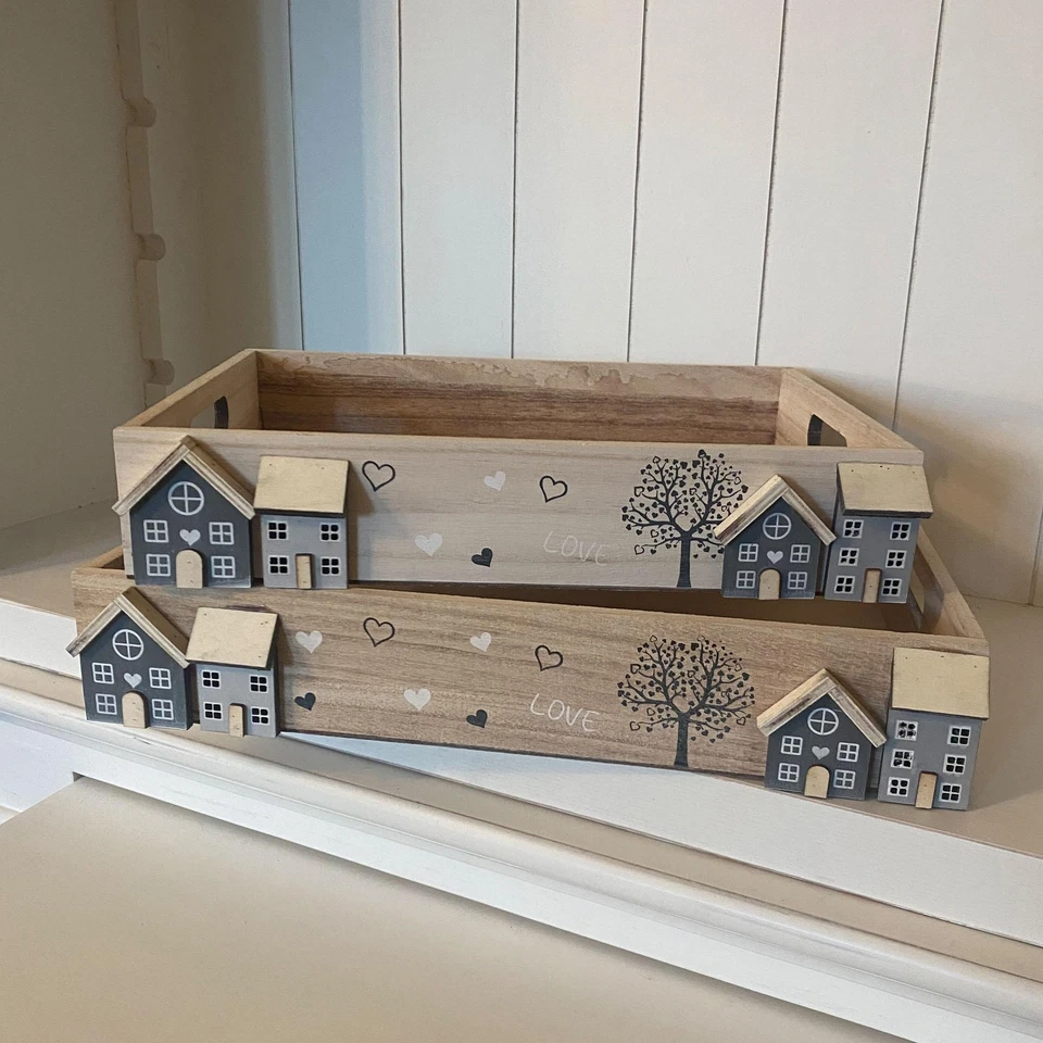 UNUS® Deko-Tabletts Holz 2er Set Griff white-washed Holztablett Küchentablett - Bild 2 von 4