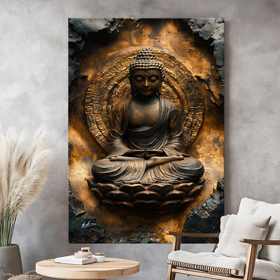 Leinwand Bilder Buddha Schwarz Gold Metall Optik Gemälde Wandbilder XXL 6407A