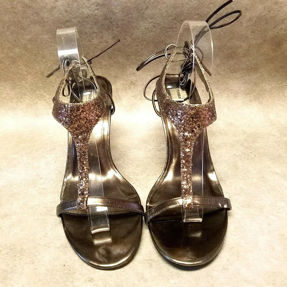 Dyeables Mujer Llama Talla 9 B B Bronce Punta Abierta T-Correa Brillos 4" Tacones Foto 2 de 4