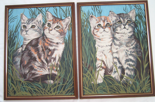 2 Vintage Paint By Numbers Framed Pictures Kittens Cats 1950's 60's Retro MCM - Picture 10 of 12