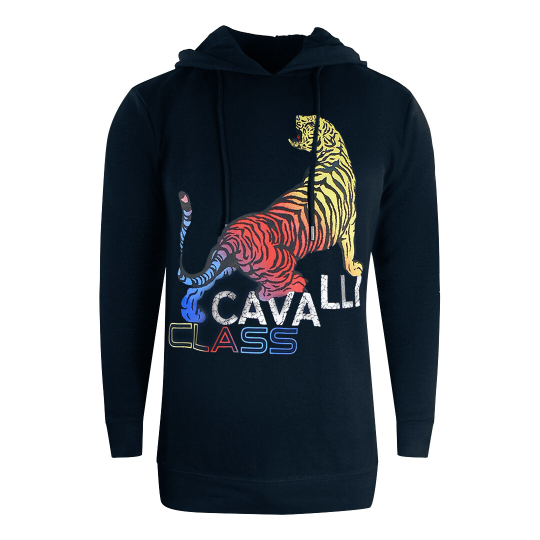 Темно-синяя толстовка с капюшоном Cavalli Class с ярким тигровым логотипом