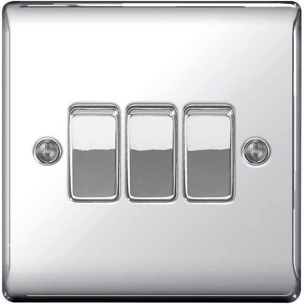 BG NPC43 Polished / Mirror Chrome 3 Gang / Triple Light Switch 10 Amp