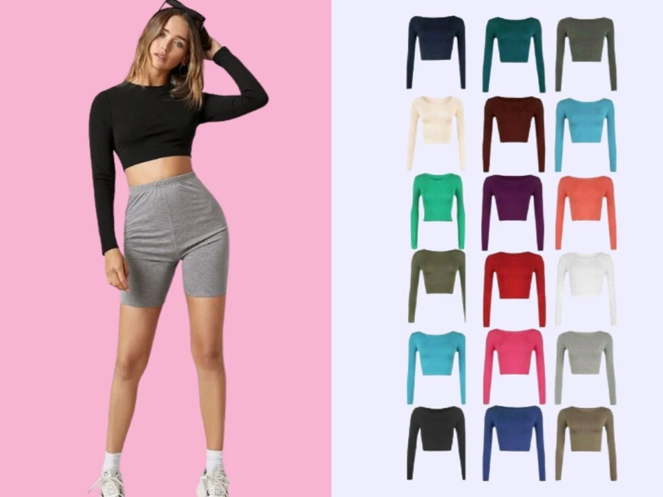 LADIES ROUND NECK LONG SLEEVE CROP TOP T SHIRT TOPS WOMENS TOP 8-14
