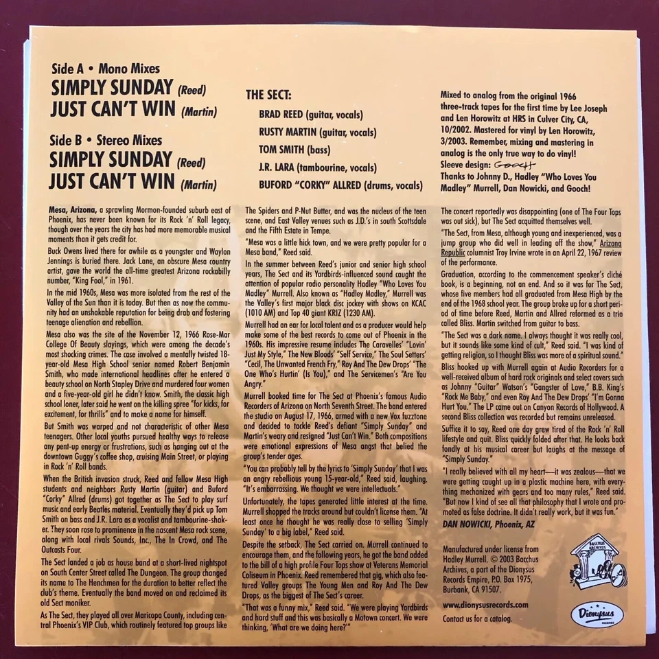 The Sect Simply Sunday Dionysus EP w/PS pre BLISS Foto 2 de 3