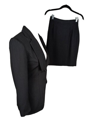 Taga Wms Sz Jacket Pants Black Striped Poly Blend Skirt Suit B60