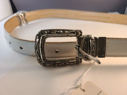 Brighton Women's Belt Size 32 Reversible White Tan Leather Silver Tone B2701 New - Picture 2 of 5