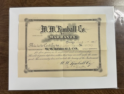 1905 W.W. Kimball Co Piano Warranty Certificate Antique Ephemera Chicago