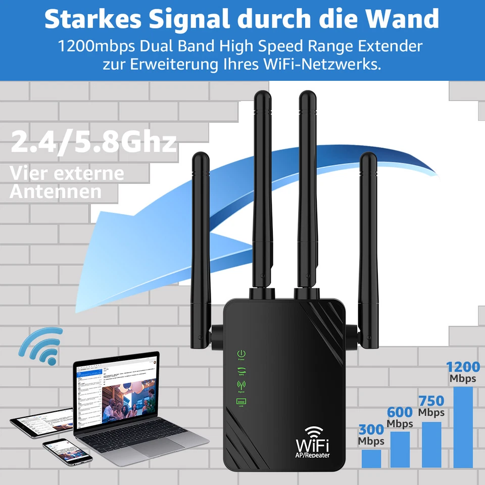 Wireless WLAN Repeater Router Range Wifi Verstärker Signal 1200 Mbit/s DE - Bild 3 von 4