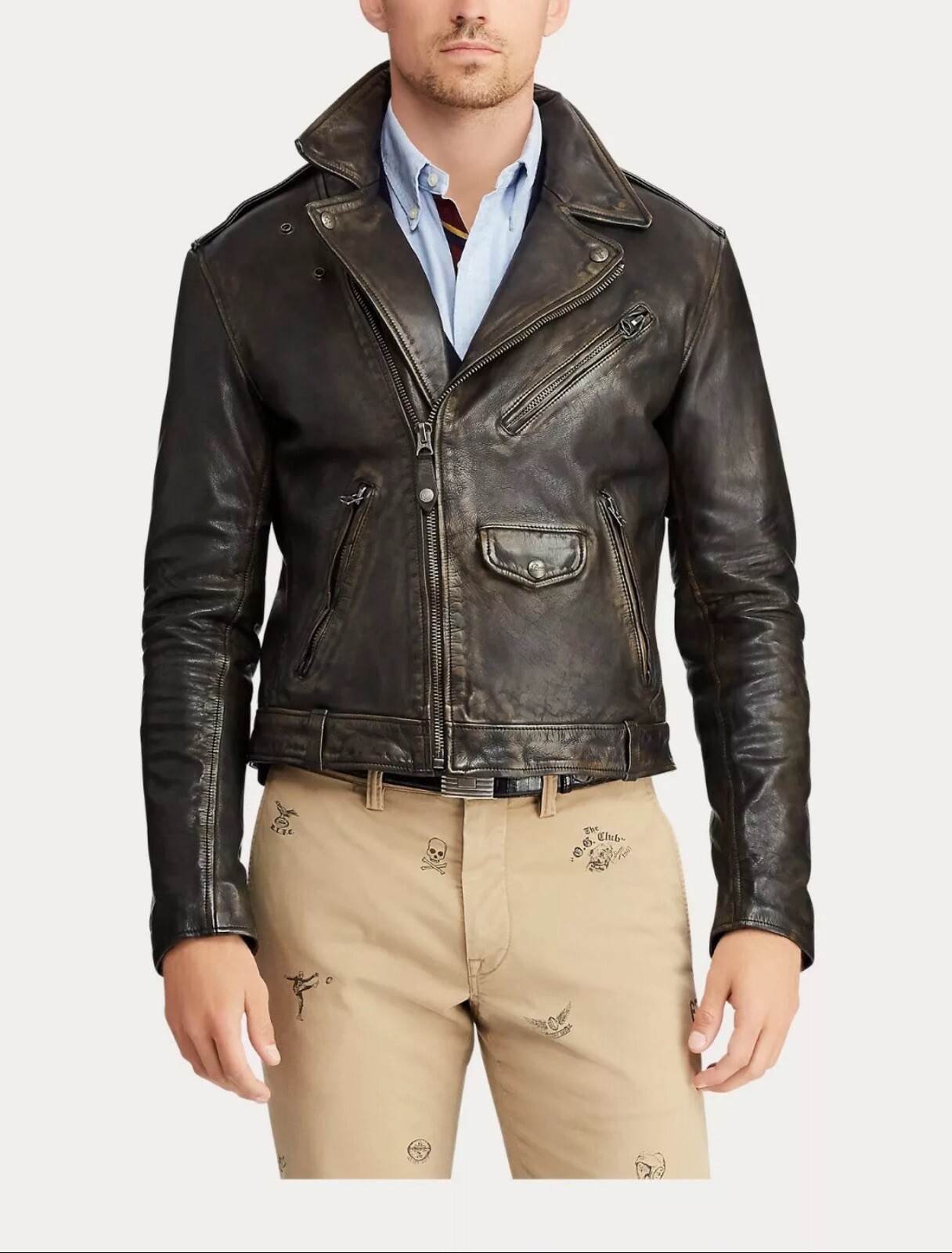 Polo Ralph Lauren Leather Jacket Large RL Iconic Motorcycle Biker Men's Jacket image 3
