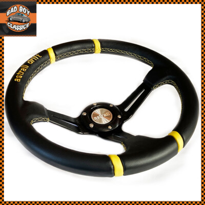 14'' /350mm Astrali Leather Steering Wheel Dished Race Drift Road Black / Yellow