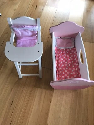 dolls wooden high chair and cot
