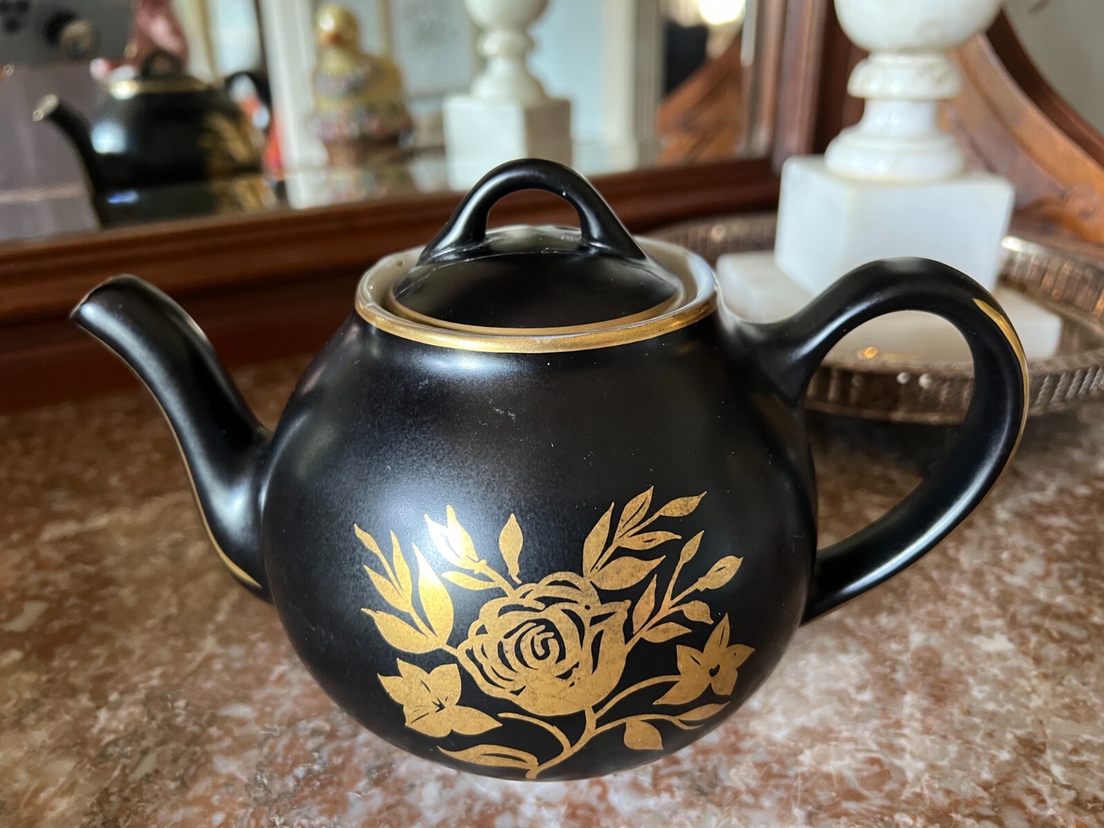 HALL French Teapot Matte Black with Gold Rose Decal, 6 Cup 0045 U.S.A