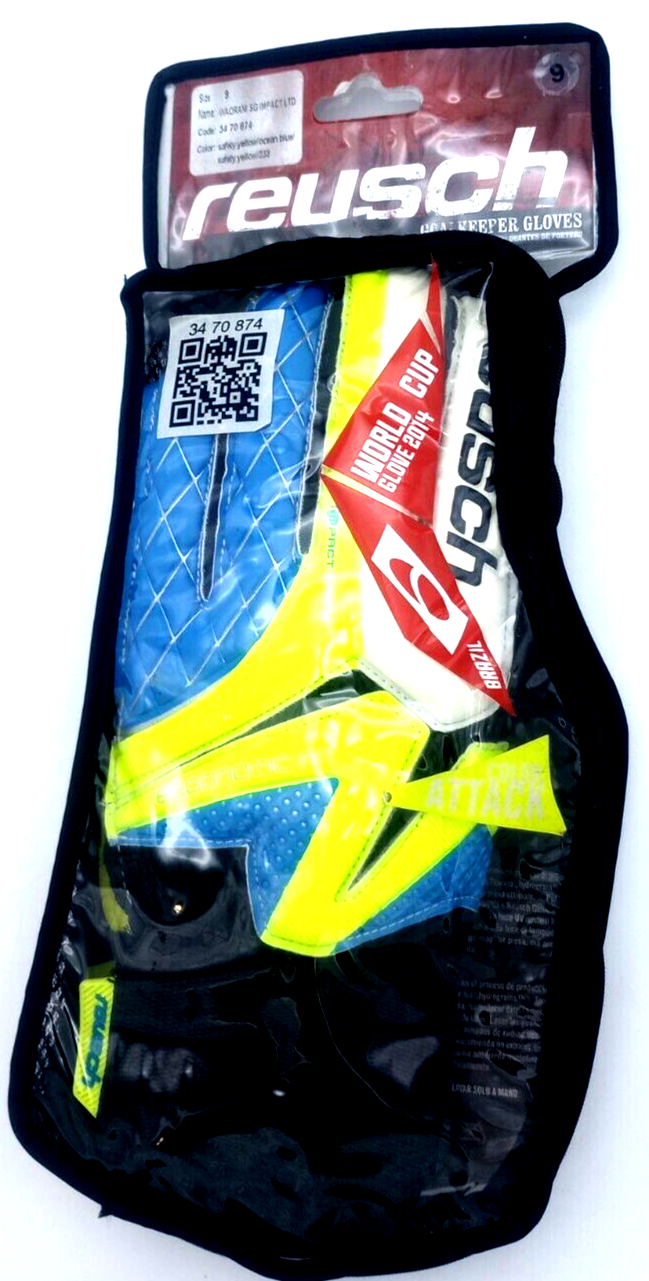 Reusch Soccer Waorani SG Impact LTD Gloves Adult Size 9 Ocean Blue/Safety Yellow