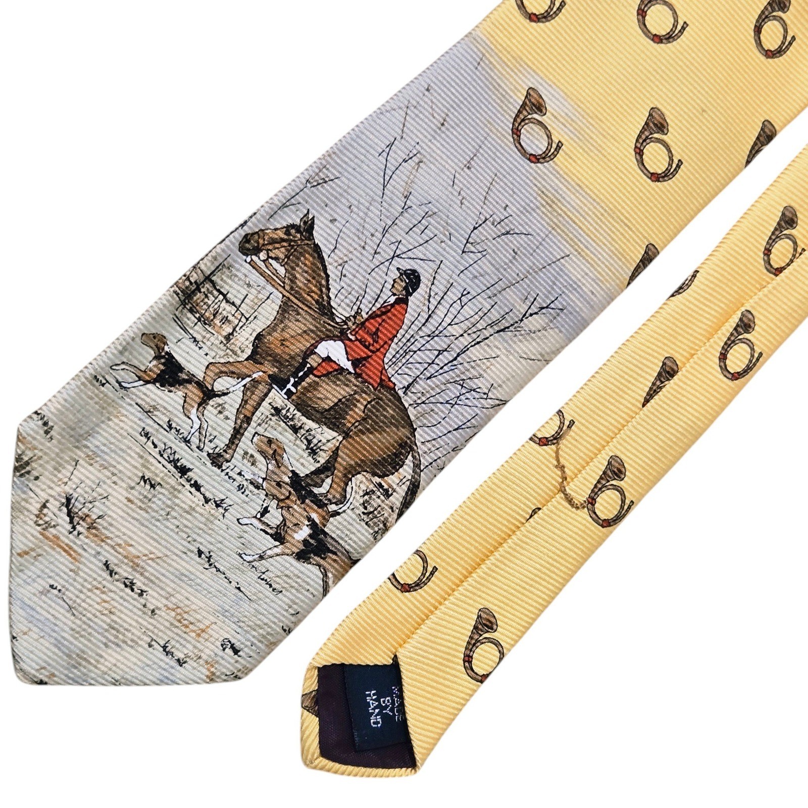 Vtg Polo Ralph Lauren Tie Men Yellow Silk Equestrian Fox Hunt Horse Hounds Horns