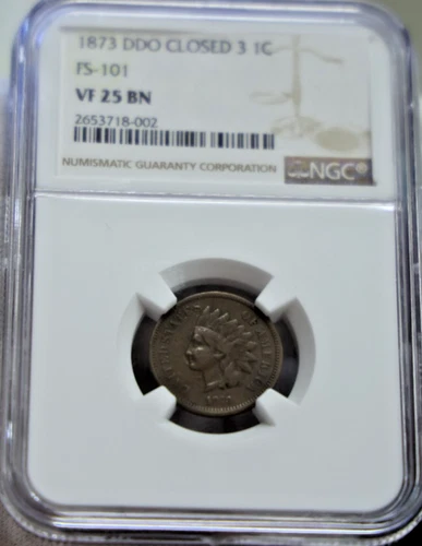 1873 Indian 1c NGC VF25 BN Double Liberty Closed 3 FS-101 Double Die OBV