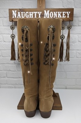  Naughty Monkey  Tall Suede  Western Boots Brown Medallion Tassel Lace Up  8