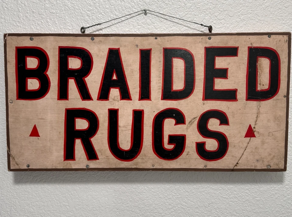 Antique Painted Wood Primitive Mercantile Store Sign BRAIDED RUGS 1930s Folk Art - Image 4 of 4
