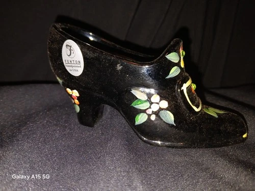 Fenton Black Glass Shoe Figurine Hand Painted Floral Art Glass USA