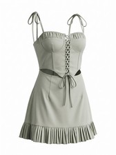 PrettyLittleThing Sage Green Corset Lace Up Cut Out Pleated Mini Dress Size 10