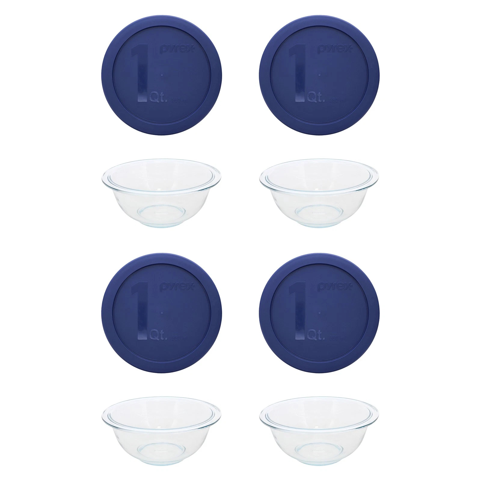 Pyrex (4) Glass Mixing Bowls and (4) Blue Lids