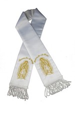 White Satin Embroidery Silver or Gold Virgin Mary on Stole Baptism Christening