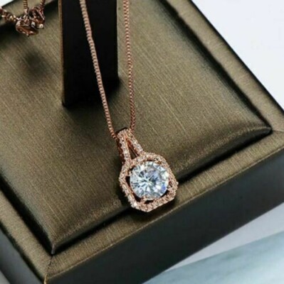 2 CT Solitaire Brilliant Moissanite Halo Pendant Necklaces 14K Rose Gold Plated