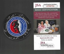 Emile Francis Signed & Inscribed New York Rangers Hockey Hall Of Fame Puck JSA